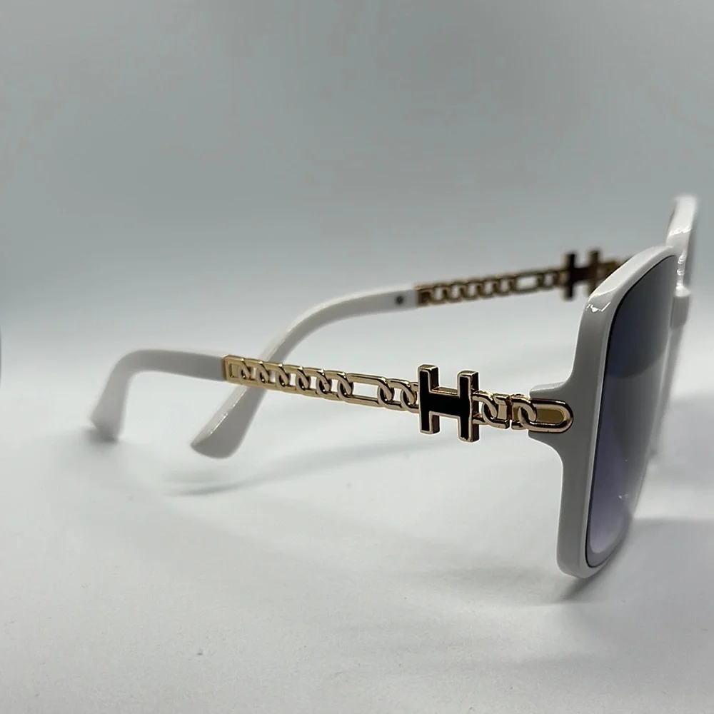 Chic Oversized Square Sunglasses - White Frame, Gold Accents, UV Protection NWT